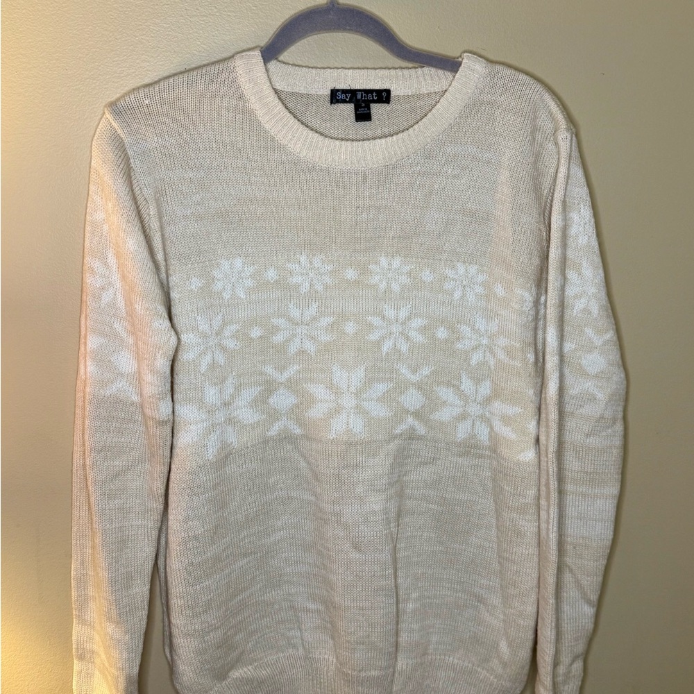 Say What? Cream and White Crewneck Sweater with Snowflake Design